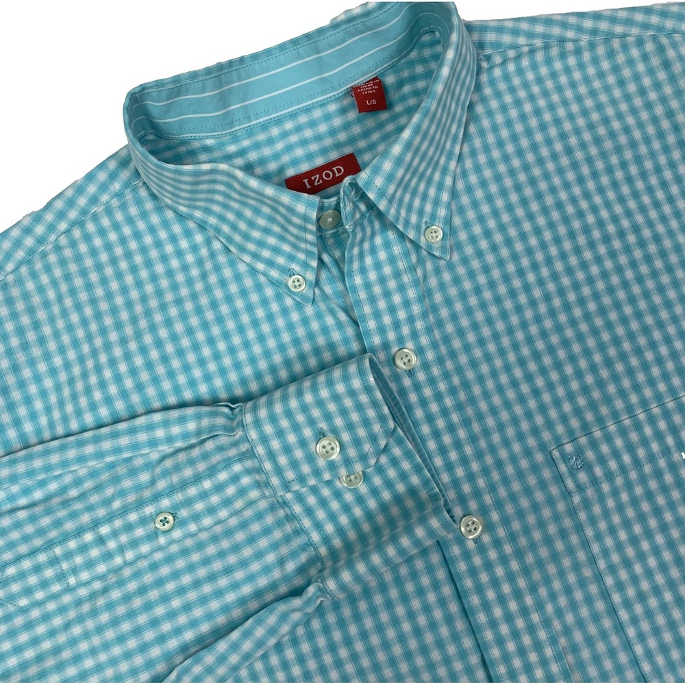 IZOD Long Sleeve Regular Fit Shirt Men's Large Aqua Gingham Check Button Down